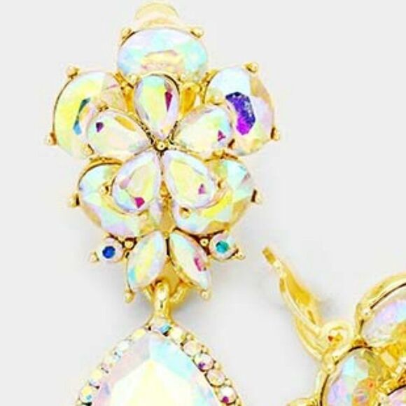 Flower Abalone Crystal Teardrop Dangle Clip on Earrings  NWT - Picture 2 of 6